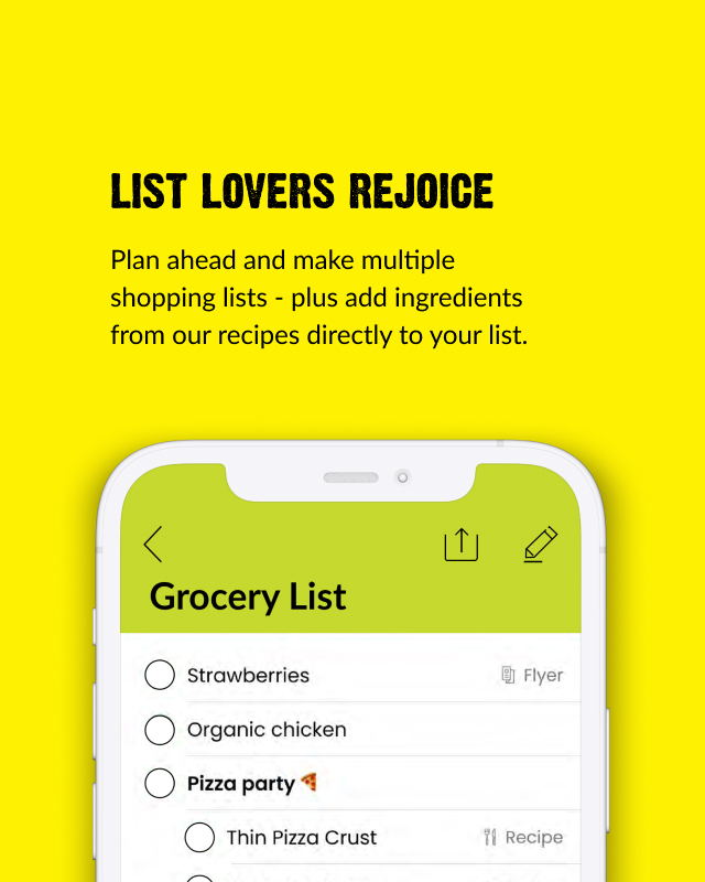 Text Reading â€˜List Lovers Rejoice. Plan ahead and make multiple shopping lists - plus add ingredients from our recipes directly to your list.â€™