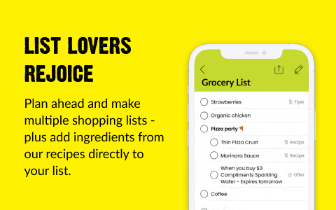 Text Reading â€˜List Lovers Rejoice. Plan ahead and make multiple shopping lists - plus add ingredients from our recipes directly to your list.â€™
