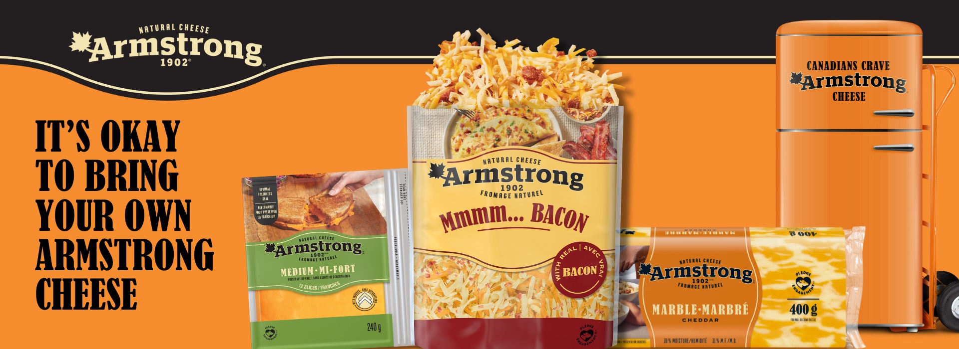 Top left is the Armstrong logo with three products underneath, a slogan, and a fridge that says Canadians Crave Armstrong Cheese