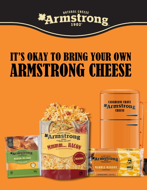 Top left is the Armstrong logo with three products underneath, a slogan, and a fridge that says Canadians Crave Armstrong Cheese