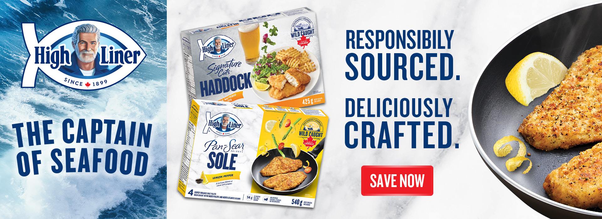 The left side of the image has the campaign title with a brand logo and the right side has 2 boxes of product and slogans used to describe the brand and a save now in on a red rectangle background and picture of breaded fish in a pan.