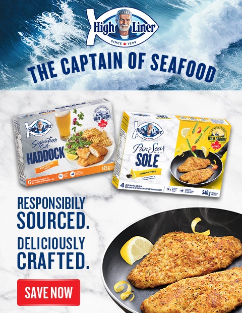 The left side of the image has the campaign title with a brand logo and the right side has 2 boxes of product and slogans used to describe the brand and a save now in on a red rectangle background and picture of breaded fish in a pan.