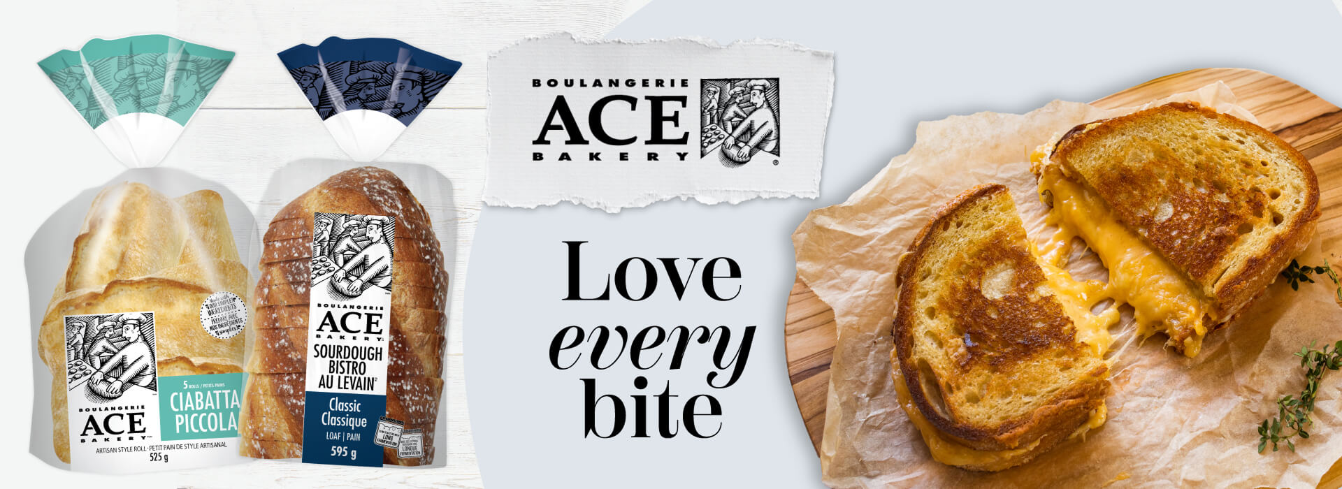The promotional banner showcases two ACE Bakery sourdough bistro loaves products with a text stating Love every bite