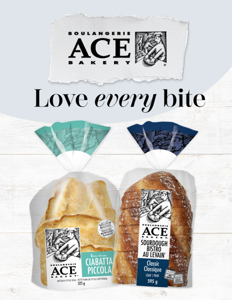 The promotional banner showcases two ACE Bakery sourdough bistro loaves products with a text stating Love every bite